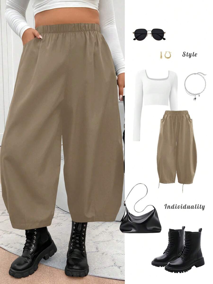 Elenzga 大码女式法式纯色弹力腰带口袋哈伦裤胡萝卜香蕉镰刀腿宽松休闲裤 - 駝色 - 查看 1