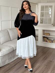 Dazy Plus Elegante abito in velluto con contrasto in rete e paillettes, abito lungo da festa oversize per donna - nero - Visualizzare 3