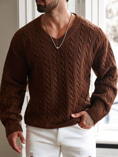 Manfinity Homme Men's V-Neck Long Sleeve Casual Sweater With Cable Pattern, Autumn/Winter Brown Sweater Men Men V Neck Brown Knitted Sweater