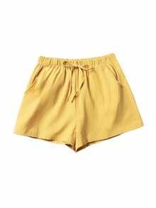 SHEIN 女士抽绳休闲短裤，黑色、绿色、黄色、卡其色，适合夏季户外穿着 - 彩色 - 查看 4