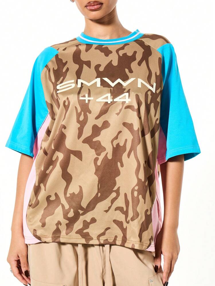 SUMWON WOMEN Camo Raglan Sleeve Tee With Color Block Panels