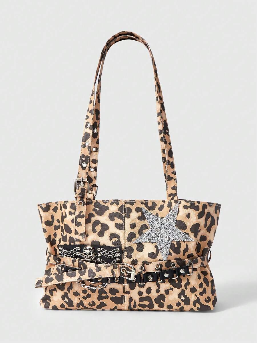 ROMWE Grunge Punk Leopard Star Rivet Shoulder Bag - Brown - View 1