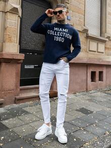 Artur Kramer 男式紧身弹力破洞机车牛仔裤 - 白色 - 查看 5