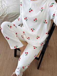 SHEIN Women's Autumn/Winter Cozy Cherry Print Crew Neck Long Sleeve Top & Pants Pajama Clothes Set , Fluffy - Multicolor - View 5