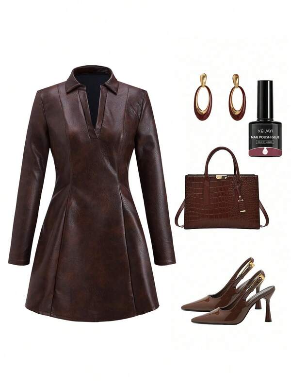 Ellevyn V-Neck Cinched Waist Vintage Elegant Fashion PU Dress