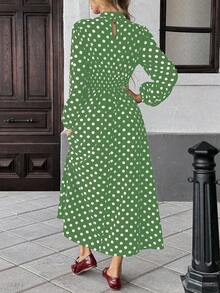 Pariaura 女士立领灯笼袖优雅收腰波点连衣裙 - 綠色 - 查看 2