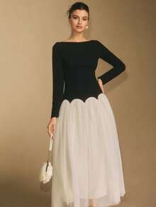 Poéselle Women's Mesh Patchwork Contrast Color Backless Elegant Long Sleeve Dress French Style Dress Women Clothing Elegant Dress Modest White Bow Back Dress Party Dress,Dresses For Women Elegant