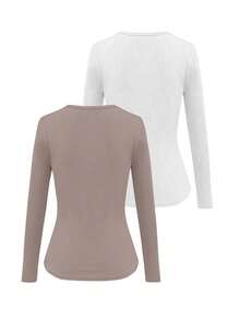 EMERY ROSE Women's Solid Color V-Neck Long Sleeve Fitted Ribbed Casual T-Shirt - Multicolor - View 2