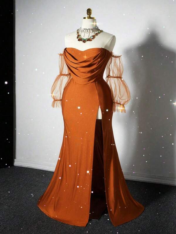 Grovea Plus Size Women's Elegant Shiny Jacquard Lace Patchwork Strapless Puff Sleeve Decorated Dress, Versatile Design For Party, Night Out, Halloween, Christmas, Gala, Wedding Guest, New Autumn/Winter Long Sleeve Maxi Dress