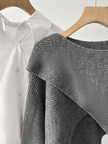 GlowEve Unique Niche Design Sense Cross Gray Long Sleeve Knit Sweater Women's New Casual Loose Top, Paired With Striped Wide-Leg Pants, Women Knit Two Pieces Set - Multicolor - View 5