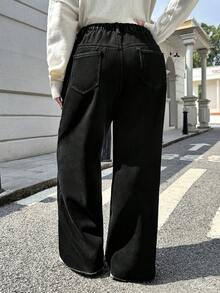 SHEIN ICON Winter Plus Size Women Black Distressed Denim Jeans, Fashionable - Black - View 2