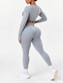 Slayform Women 2pcs/Set Seamless Ribbed V-Neck Long Sleeve Activewear Yoga Running Suit,Athleisure Gym Workout Tights Legging Two Piece Set,Light Grey,Autumn - Grey - View 2
