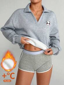 Dewbera Damen Oversized Cartoon Muster V-Ausschnitt Pullover Sweatshirt, Fleece gefüttert, lässiges Sport Tennis Poloshirt für Herbst/Winter