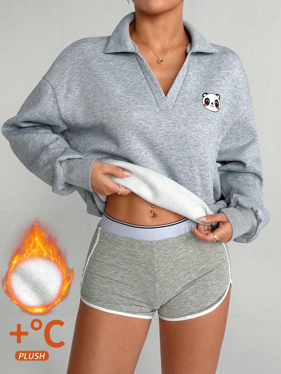 Dewbera Damen Oversized Cartoon Muster V-Ausschnitt Pullover Sweatshirt, Fleece gefüttert, lässiges Sport Tennis Poloshirt für Herbst/Winter