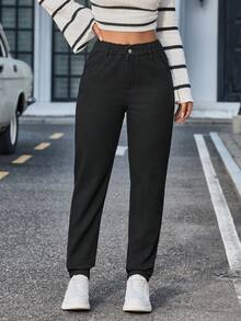 SHEIN Tall 女士弹力腰休闲锥形百搭牛仔裤 - 黑色 - 查看 8