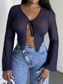 Alexandranx Solid Color Lace-Up Casual Mesh Women's Top With Flare Sleeves - Navy Blue - View 4