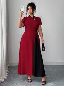 SHEIN CURVE+ Đầm xòe dài tay màu tương phản phong cách Trung Hoa cỡ lớn thanh lịch cổ áo - Đỏ - Xem 5