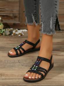 Sandalia para mujer suela de yute artesanal punta abierta correa ajustable plana estilo casual para verano y paseo sandalia cómoda - Negro - Ver 2