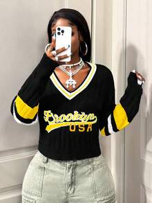 BamGleam Damen Pullover, gestrickte Langarmshirts, dunkelblau bedruckt, V-Ausschnitt, kombinierte Lässig Reisekleidung für Damen, Frühlings- und Herbststile, Winterstile - Verschiedenfarbig - Übersicht 6