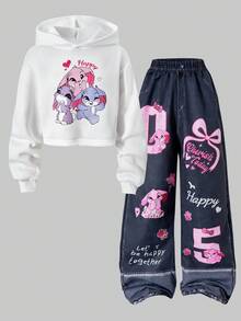 SHEIN 少女休闲百搭日常涂鸦图案连帽短款卫衣+牛仔风涂鸦宽松裤套装，适合秋冬季外出、散步、购物、通勤，可搭配夹克、马甲、棉质外套。 - 白色 - 查看 7
