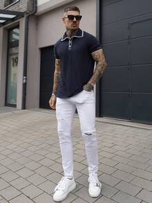 Artur Kramer Top Polo de Estilo Casual Colorblock de Verão para Homens, Estilo Europeu e Americano, com Gola Virada e Botões - Azul Marinho - Visão 5