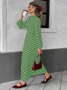 Pariaura 女士立领灯笼袖优雅收腰波点连衣裙 - 綠色 - 查看 3