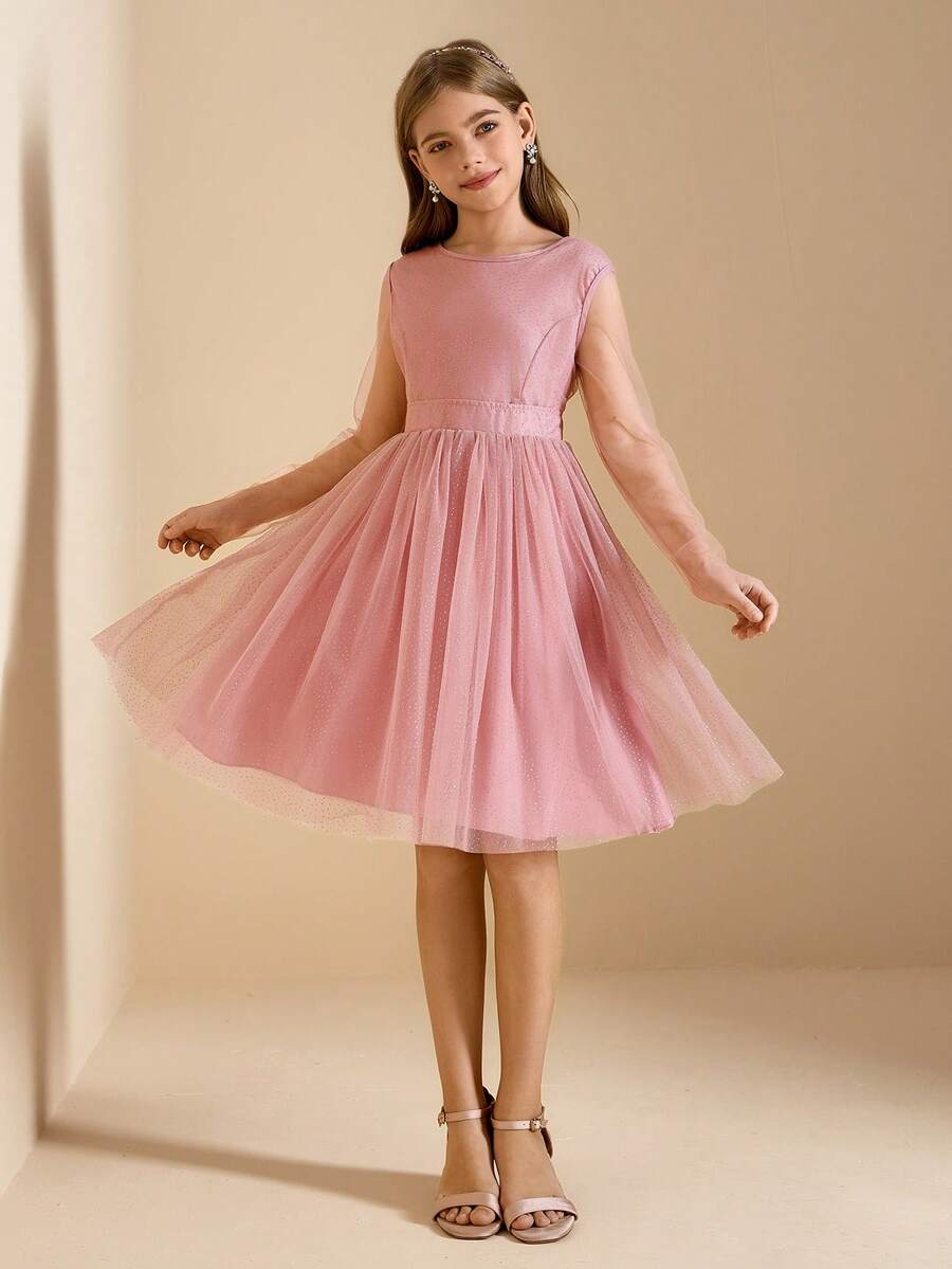 Tween Girl Solid Color Round Neck Mesh Patchwork Long Sleeve Party Dress - Dusty Pink - View 1