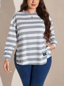 SHEIN LUNE Plus Size Women's Autumn/Winter Striped Print Loose Crew Neck Long Sleeve Casual Fashion T-Shirt With Side Slits Thanksgiving Outfit Holiday Outfit