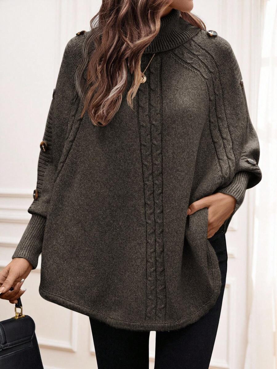 SHEIN LUNE بونشو كنزة صوفية نسائية كاجوال/للعمل بأكمام خفافيش وياقة عالية وأزرار زخرفية وحاشية غير متماثلة، خريف/شتاء - أخضر عسكري - مشاهدة 1