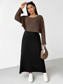Shapeblank Plus-Size Women's Apple-Shaped Body/Fashion Casual Loose Comfortable Everyday Basic Versatile Brown Long-Sleeved Top And Black Vest Long Dress Two Pieces Set Outfits,Simple Style,Cozy And Clothes For Women Spring
