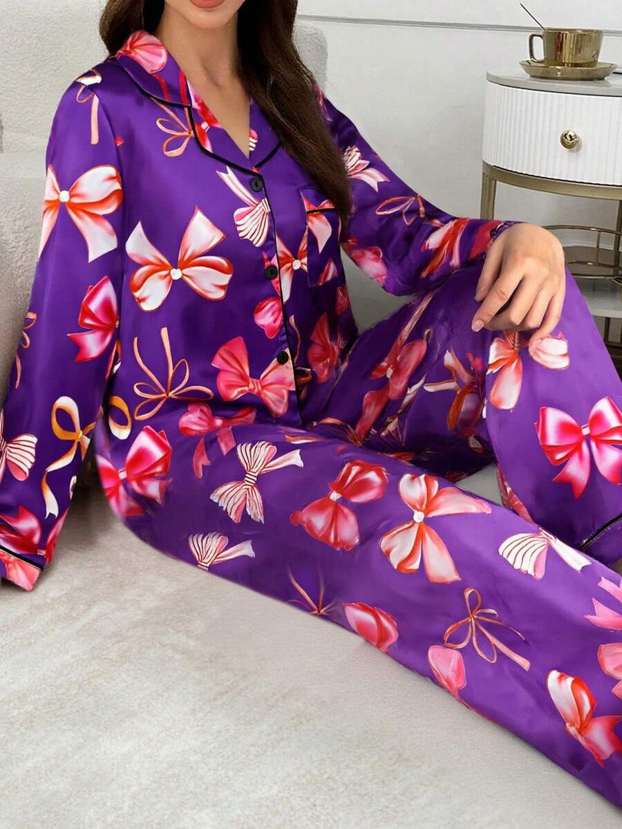 Bowknot Faux Silk Lapel Cardigan Long Sleeve Top & Pants Pajama Set, Fall & Winter Clothes - Multicolor - View 1