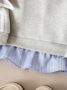 Genkimix Kids 女童条纹二合一衬衫领长袖休闲卫衣，时尚冬季款 - 灰色 - 查看 3