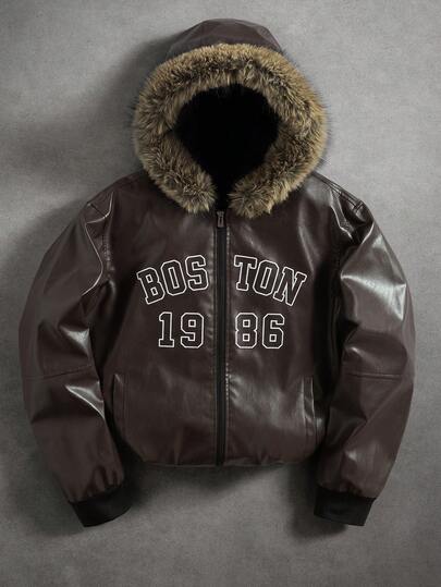 PAVTROS Men's Y2K Gothic PU Hooded Zip-Up Long Sleeve Jacket With Embroidered "Boston" & "1986" Lettering, Faux Fur Collar, Fall/Winter Fashion Streetwear, Glowmode, Perfect For Halloween & Back-To-School, Ideal Gift For Boyfriend Custom Jacket Letter Men Jacket For Man Bubble Jacket