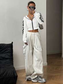 StreetHx Women's Gothic Font Cropped Open Front Sweatshirt, Streetwear, Autumn/Winter - White - View 4