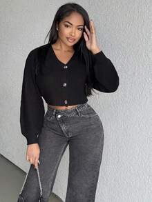 Solid Drop Shoulder Button Up Crop Cardigan,Long Sleeve Tops,Knitted Sweater In Fall/Winter - Black - View 1