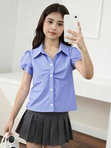 Tween Girls Simple Classic Blue Striped Short Sleeve Stand Collar Cardigan Shirt Girls Striped Shirt Blue Striped Shirt Girls Teen Girl Striped Shirt Kids Blue Striped Shirt Girls Summer Shirt