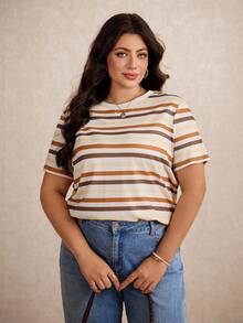 Elaquor Plus Size Vacation Color Block Striped Casual Summer Short T-Shirt Spring - Multicolor - View 5