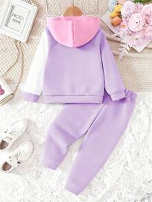 2pcs/Set Young Girls Contrast Color Block Hooded Zipper Sweatshirt Sweatshirt And Drawstring Pants Outfit, Autumn/Winter - Multicolor - View 2