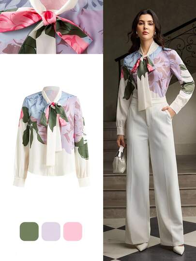 ZEYLAH Front Tie Casual Women's Elegant Printed Long Sleeve Shirt