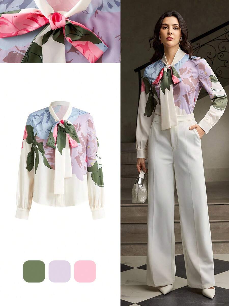 ZEYLAH Front Tie Casual Women's Elegant Printed Long Sleeve Shirt - Multicolor - View 1