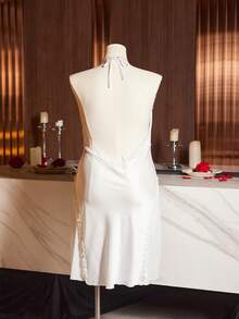 SilkySpell Luvlette Plus Size Lace & Mesh Patchwork Camisole Nightgown,White,Summer,Elegant,Wedding Guest Spaghetti Strap Curve Babydoll Lingerie Dress - White - View 8