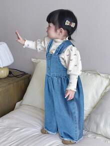 SHEIN 女婴纽扣装饰荷叶边休闲阔腿牛仔连体裤