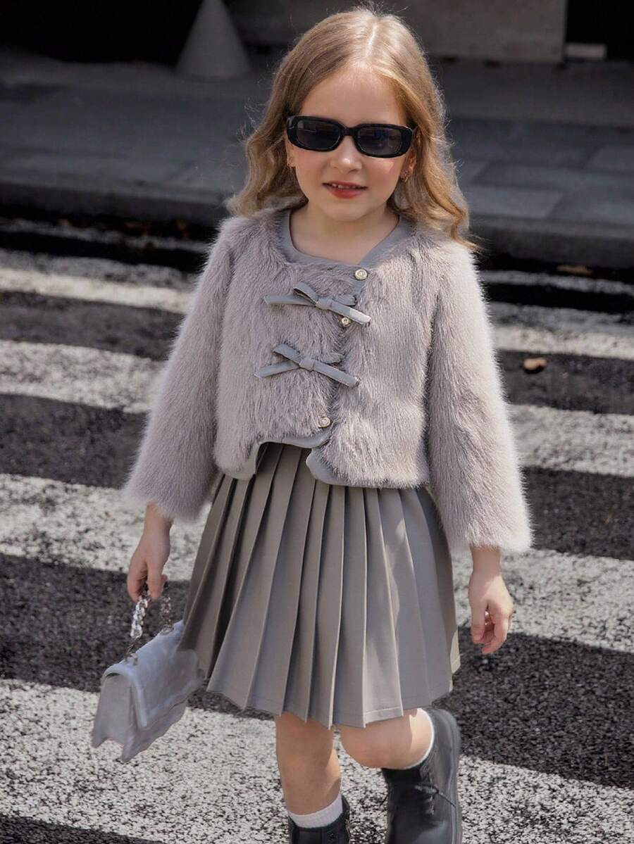 Elladie kids Set de bluză elegantă cu mânecă lungă, cu fundă pufoasă, pentru fete preadolescente, asortată cu fustă plisată și jachetă gri - Gri - Vizualizare 1