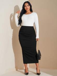 SHEIN Tall CURVE Plus Size High Waist Ruched Split Thigh Skirt - Black - View 7