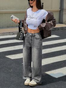 SHEIN PETITE 休闲水洗宽松直筒牛仔裤 - 深灰色 - 查看 4
