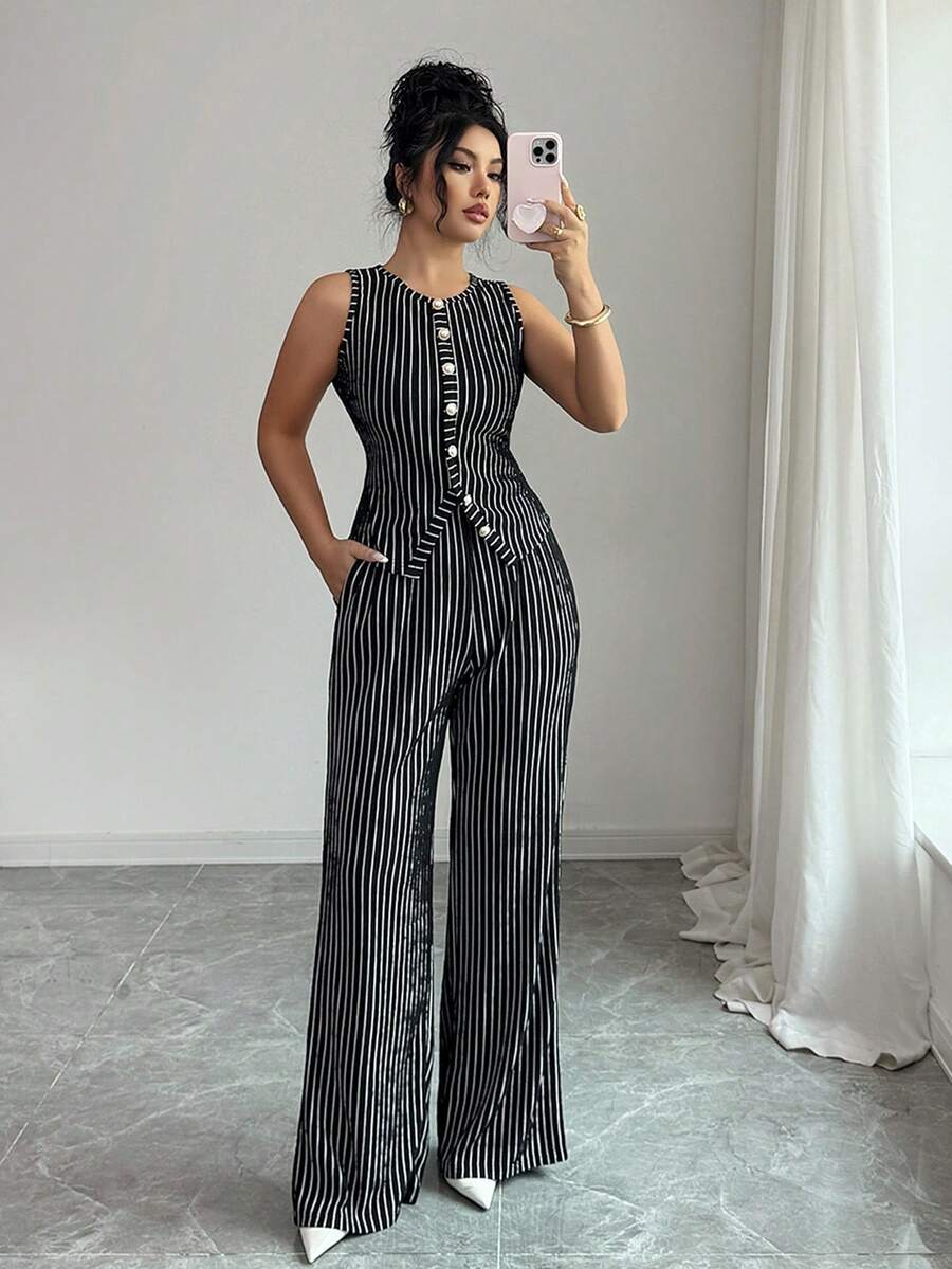 Selianne Bộ đồ 2 món thời trang Elenzga dành cho nữ, gồm áo ba lỗ cổ tròn cài nút không tay và quần ống đứng ống rộng cạp cao, phong cách thanh lịch khi đi làm - màu đen - Xem 1