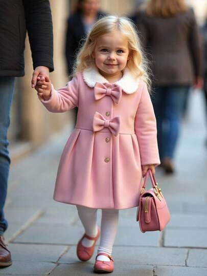 Souflis Baby Girlgoing Out Outfits 6Months-3Years Winter Outwear For Girl Casual Daily Style Coat ,Long Sleeve Bowknot Decorating Thicker And Warmer Button Jacket