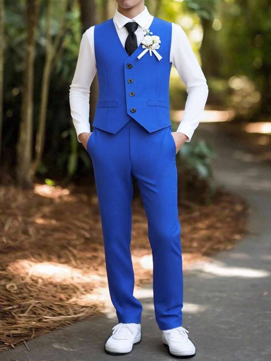 SHEIN 2 件套青少年男童春夏韩版修身正装西装,婚礼/派对/钢琴表演服装。宽松休闲不对称背心 + 直筒休闲裤,采用柔软亚麻面料制成,抗皱,超大宽松版型,非传统设计。 - 藍色 - 查看 1