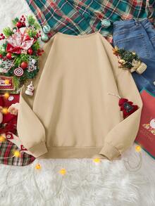 SHEIN LUNE 圣诞姜饼人印花圆领厚款宽松女式运动衫，卡其色，适合新年、派对、休闲 - 杏色 - 查看 2