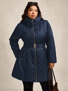 Zelara Quilted Padded Coat With Metal Belt, Plus Size Hooded Coat In Fall/Winter - Navy Blue - View 5